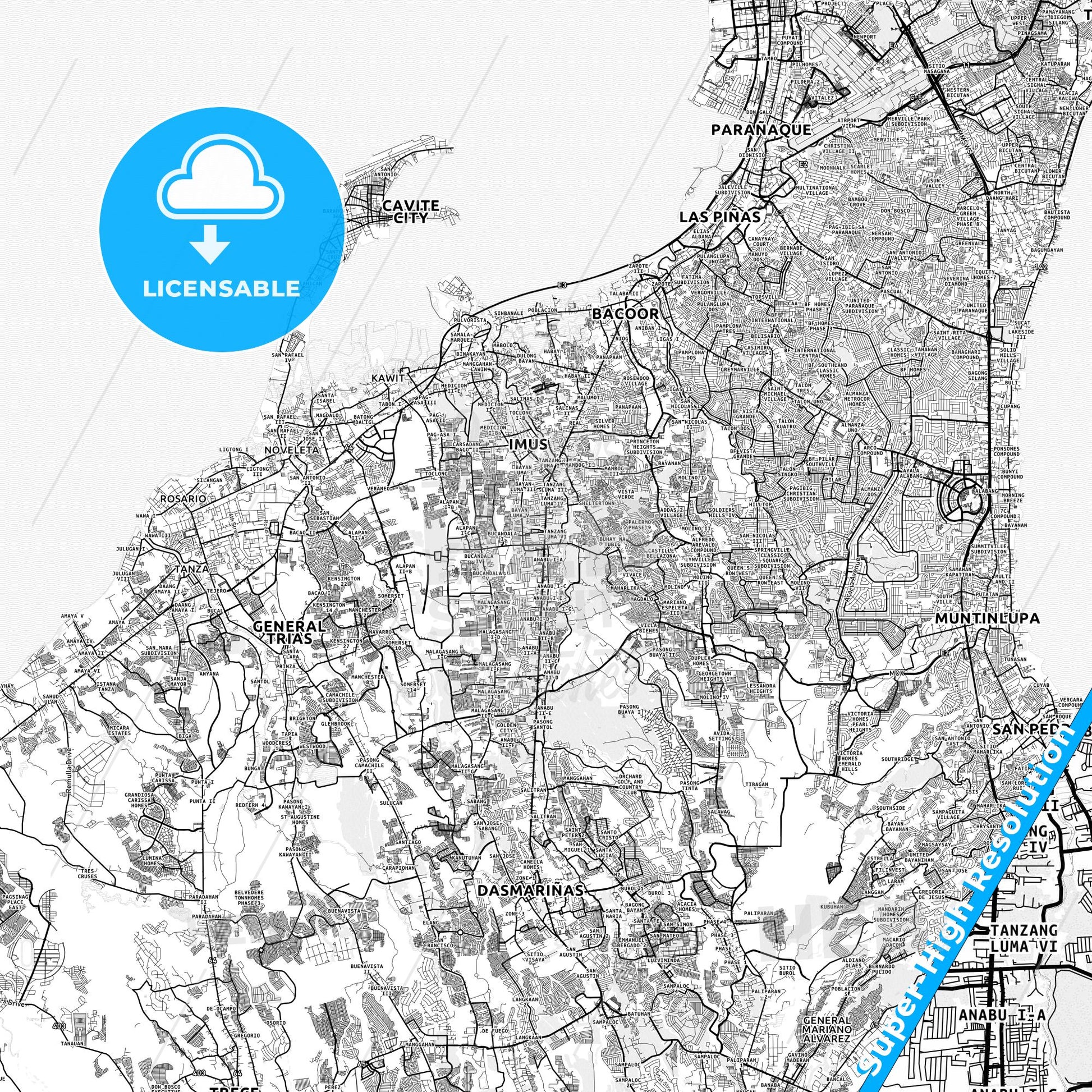 Imus, Philippines light map with streetnames, citynames and districts
