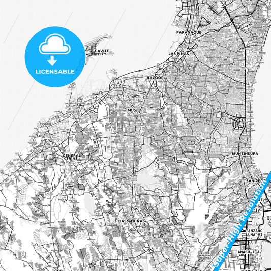 Imus, Philippines light map with streetnames, citynames and districts