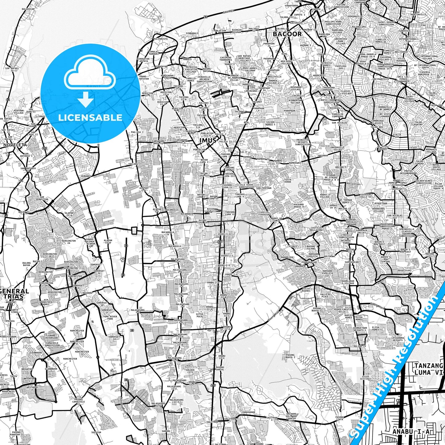 Imus, Philippines Light Map with Street Names, City Names, and Districts