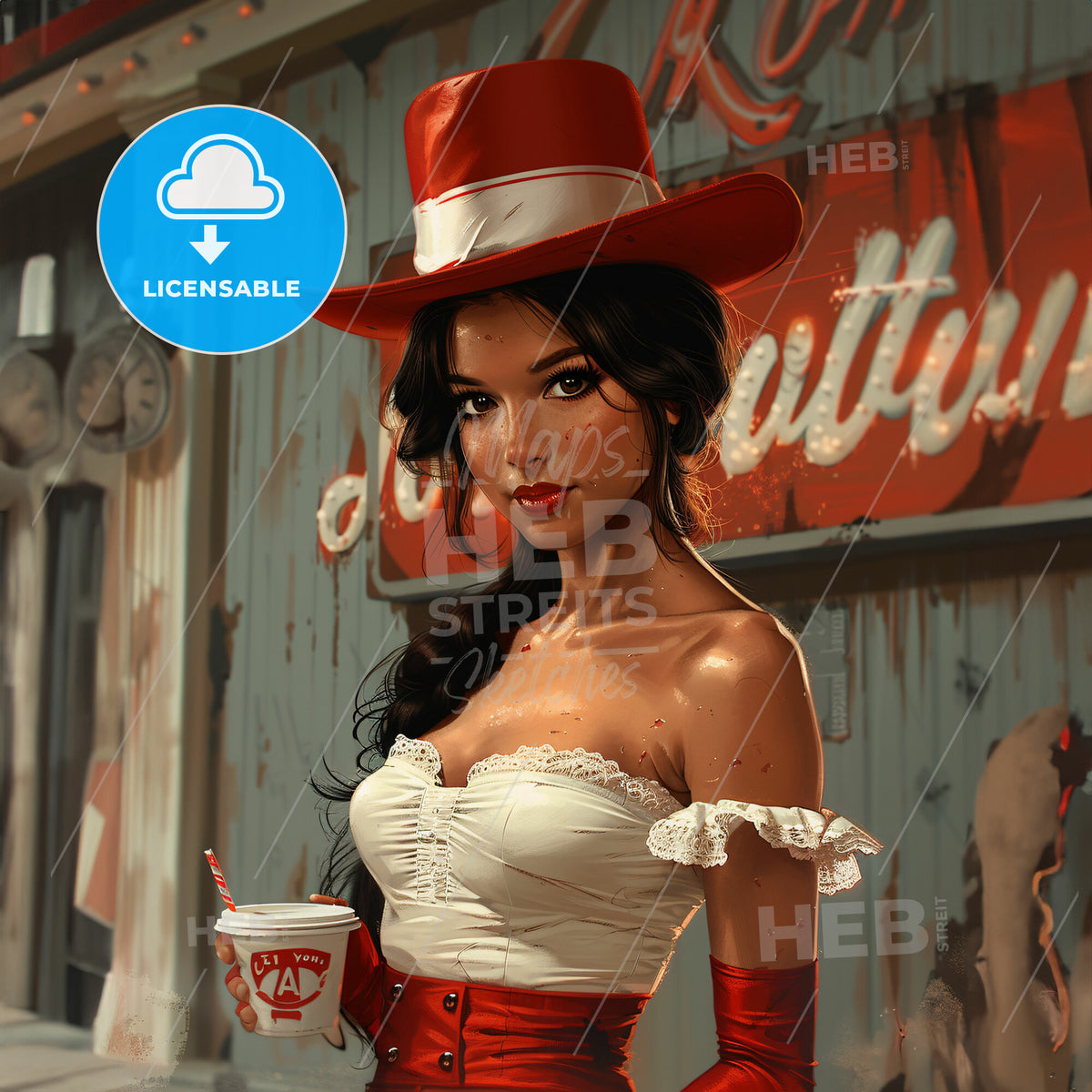 In The Style Of "I Want You" Uncle Sam - A Woman In A Red Hat And White Dress Holding A Cup