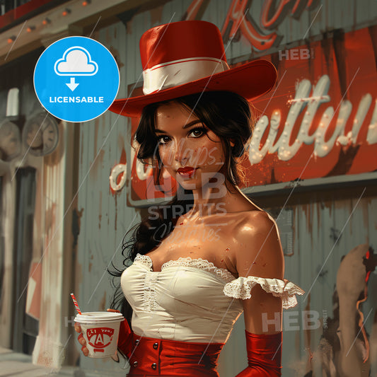 In The Style Of "I Want You" Uncle Sam - A Woman In A Red Hat And White Dress Holding A Cup