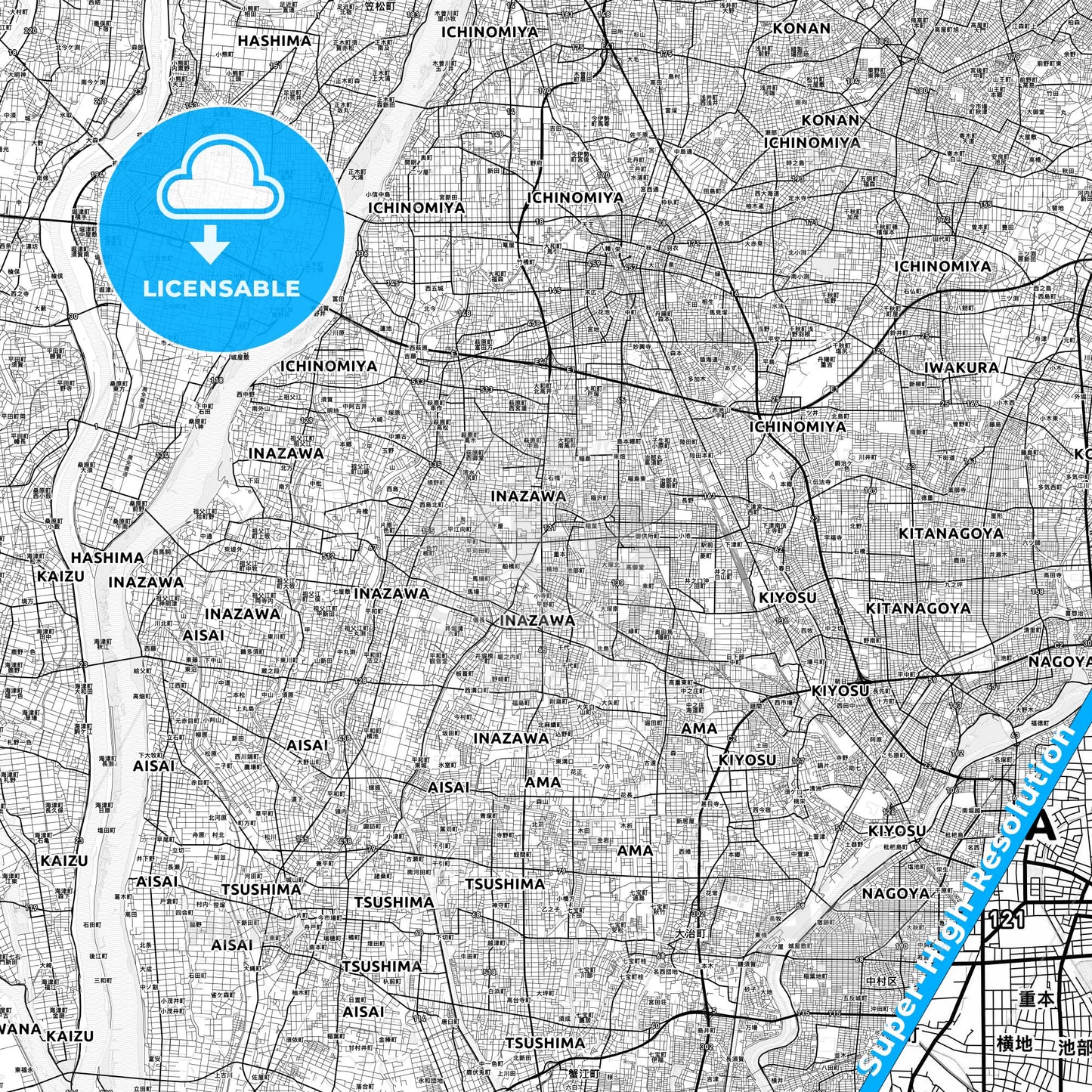 Inazawa, Japan light map with streetnames, citynames and districts