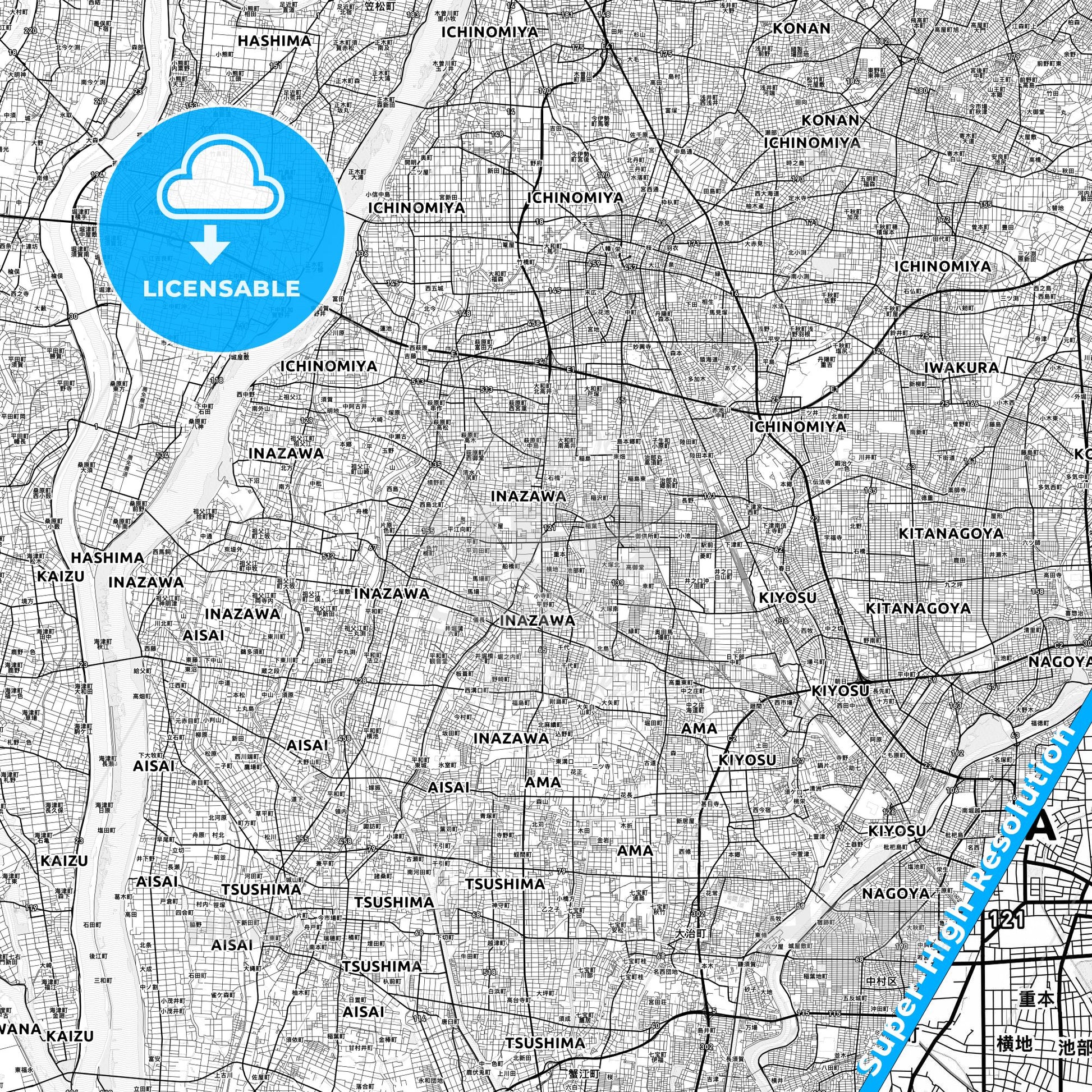 Inazawa, Japan light map with streetnames, citynames and districts