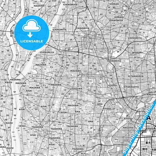 Inazawa, Japan light map with streetnames, citynames and districts
