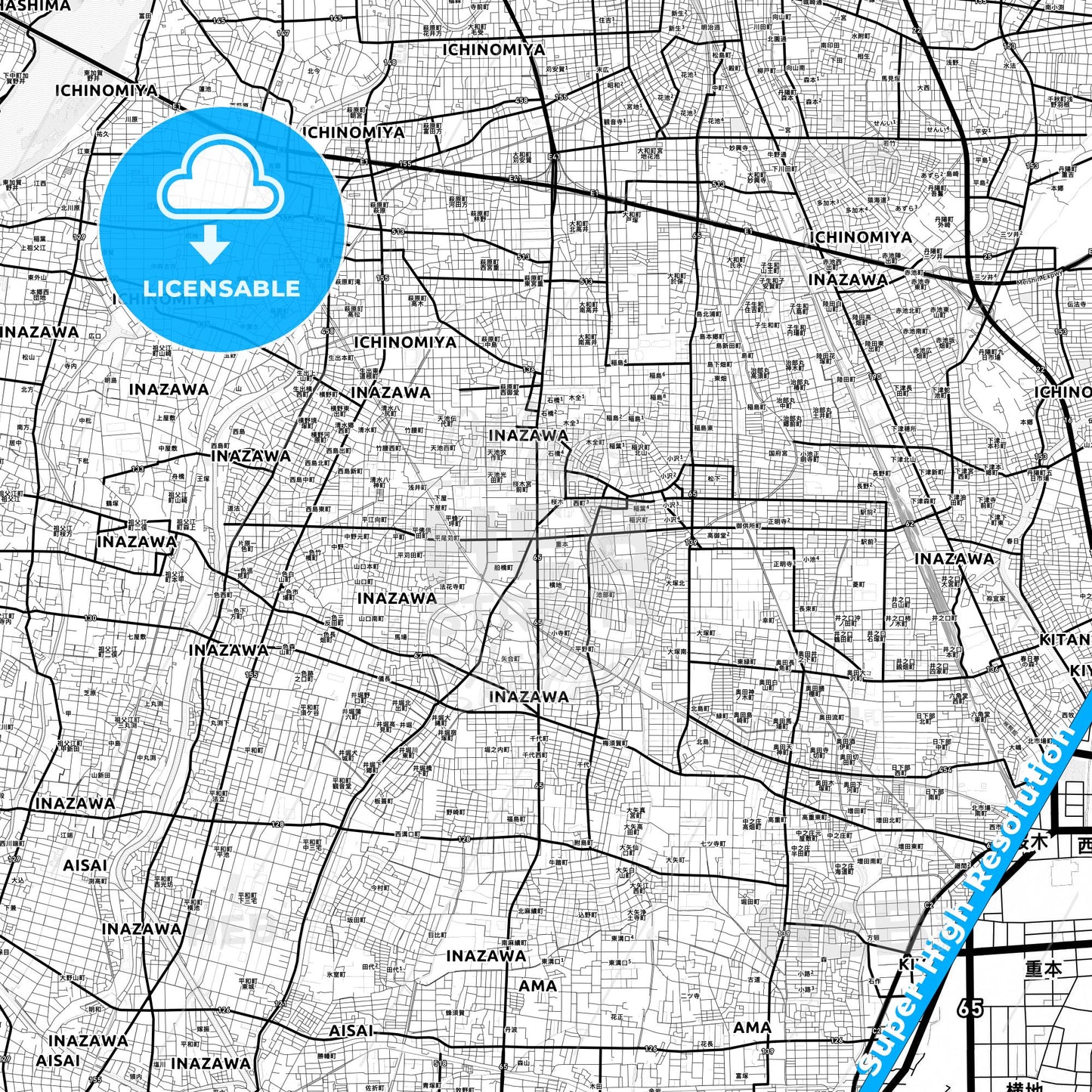 Inazawa, Japan Light Map with Street Names, City Names, and Districts