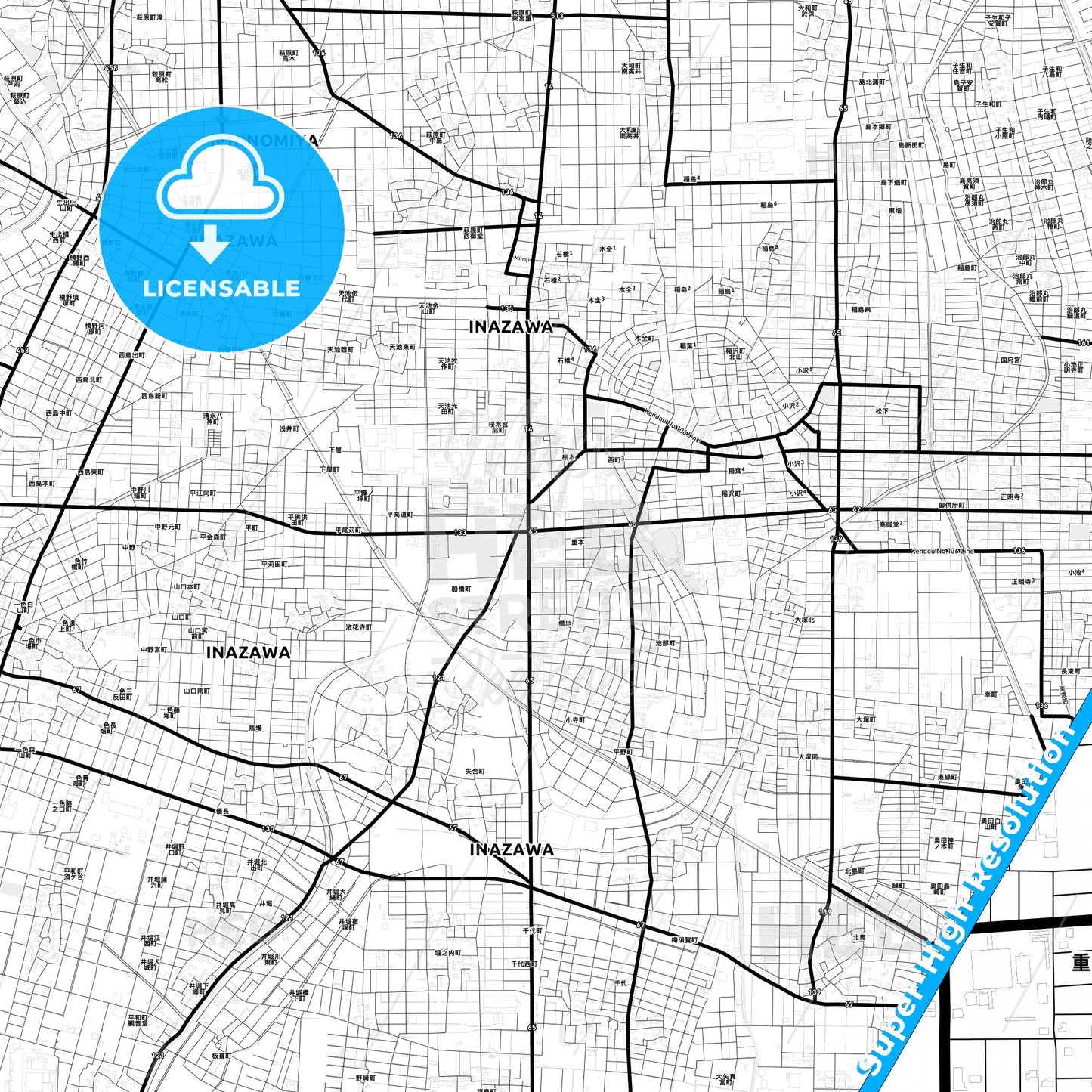 Inazawa, Japan Light Map with Street Names, City Names, and Districts