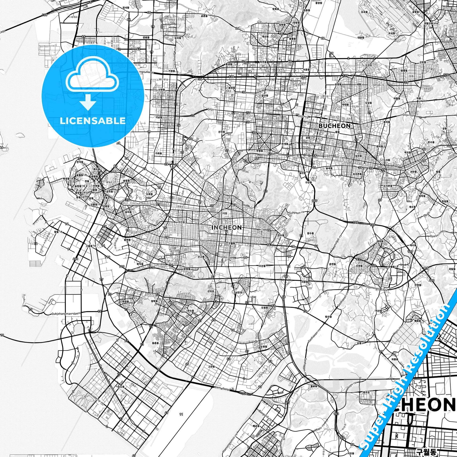 Incheon, South Korea light map with streetnames, citynames and districts