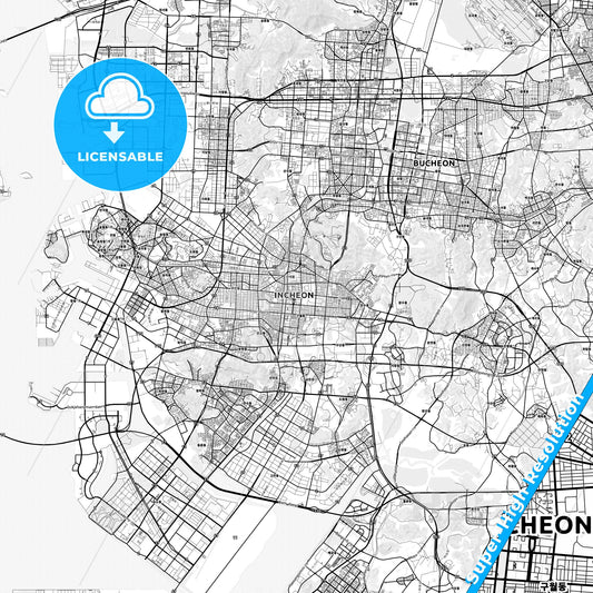 Incheon, South Korea light map with streetnames, citynames and districts