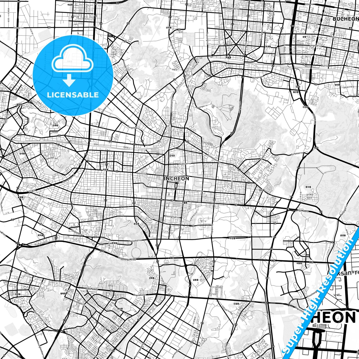 Incheon, South Korea Light Map with Street Names, City Names, and Districts