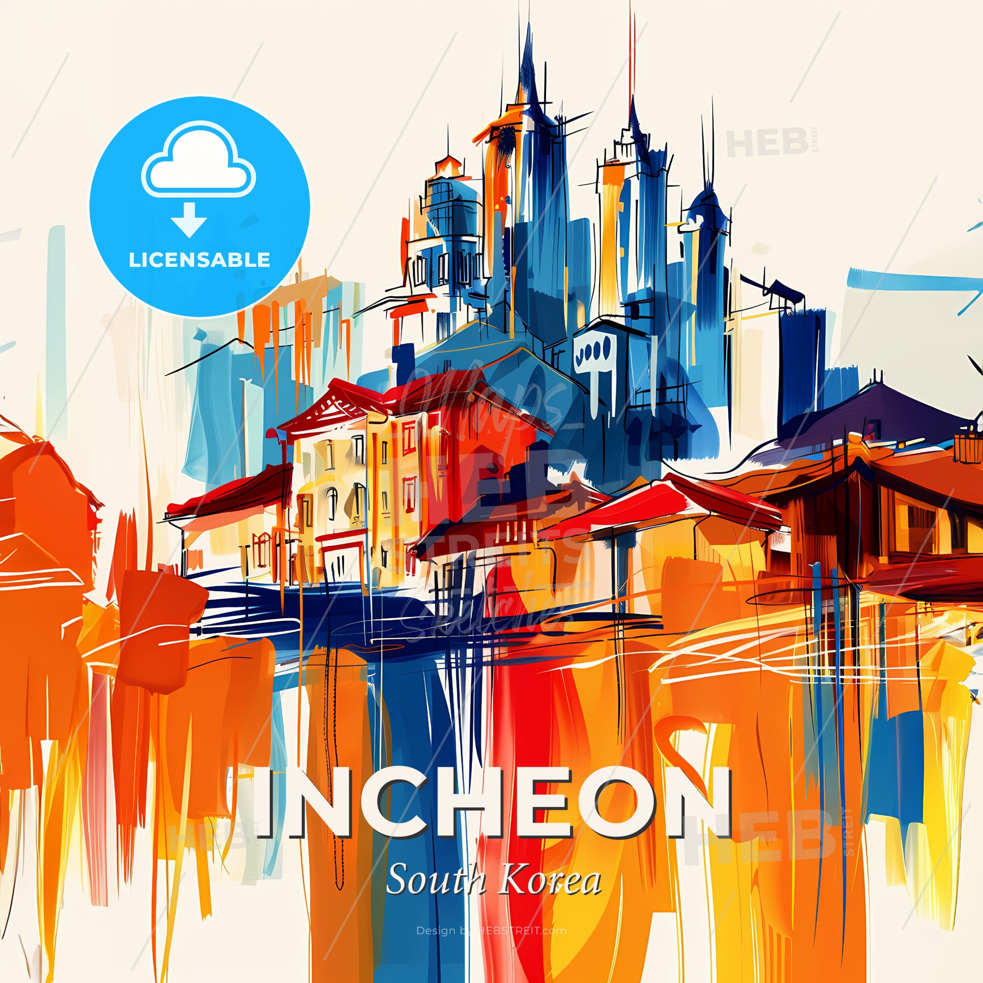 Vibrant Incheon, South Korea - A Painting Of Buildings And Buildings - Square format print template