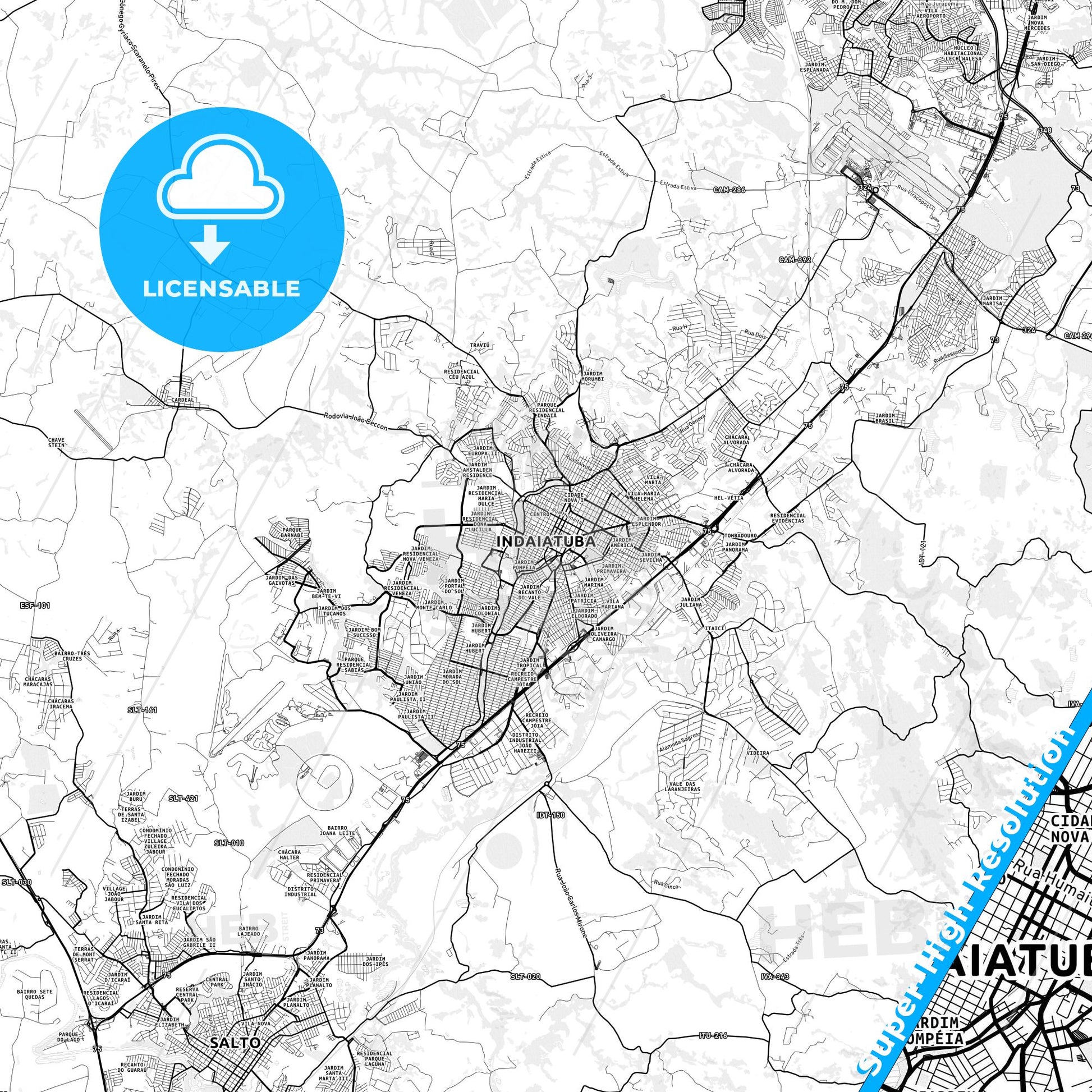 Indaiatuba, Brazil light map with streetnames, citynames and districts