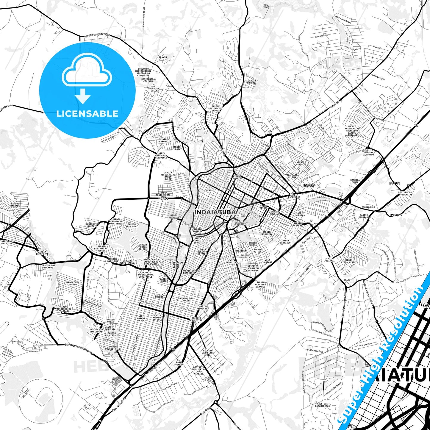 Indaiatuba, Brazil Light Map with Street Names, City Names, and Districts