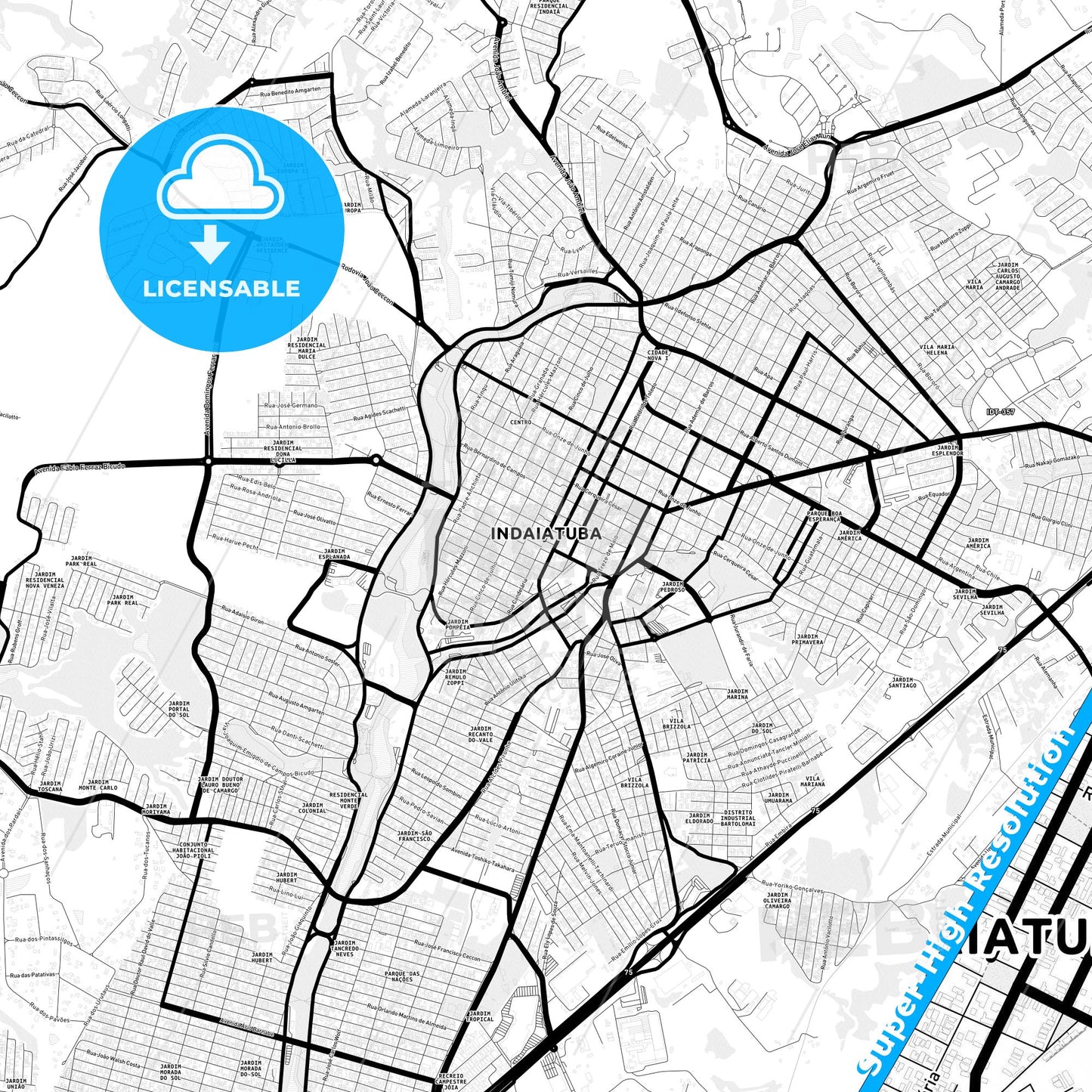 Indaiatuba, Brazil Light Map with Street Names, City Names, and Districts