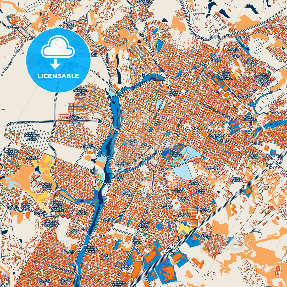 Colorful Indaiatuba Street Map with Labels and Buildings