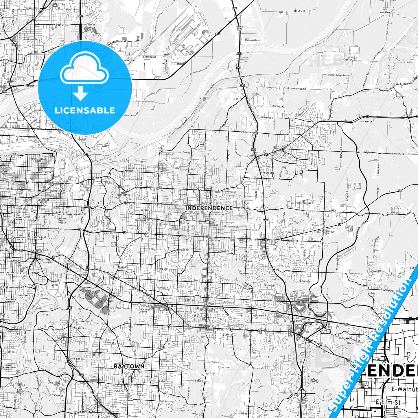 Independence, Missouri light map with streetnames, citynames and districts
