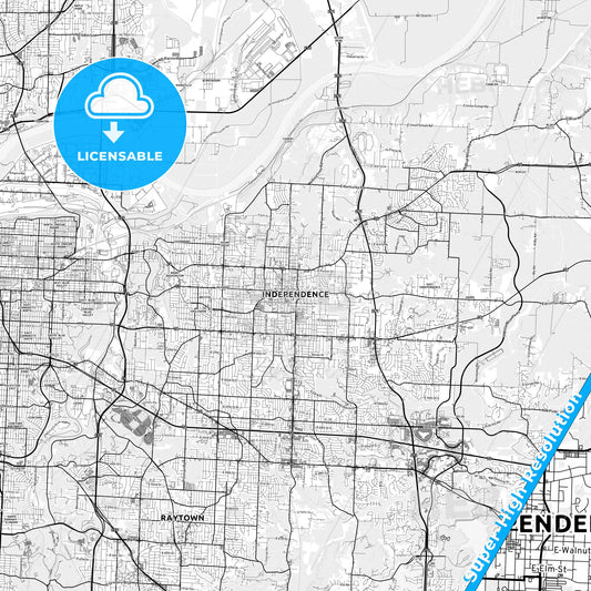 Independence, Missouri light map with streetnames, citynames and districts