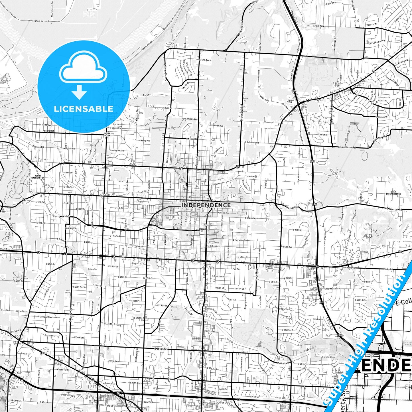 Independence, Missouri Light Map with Street Names, City Names, and Districts