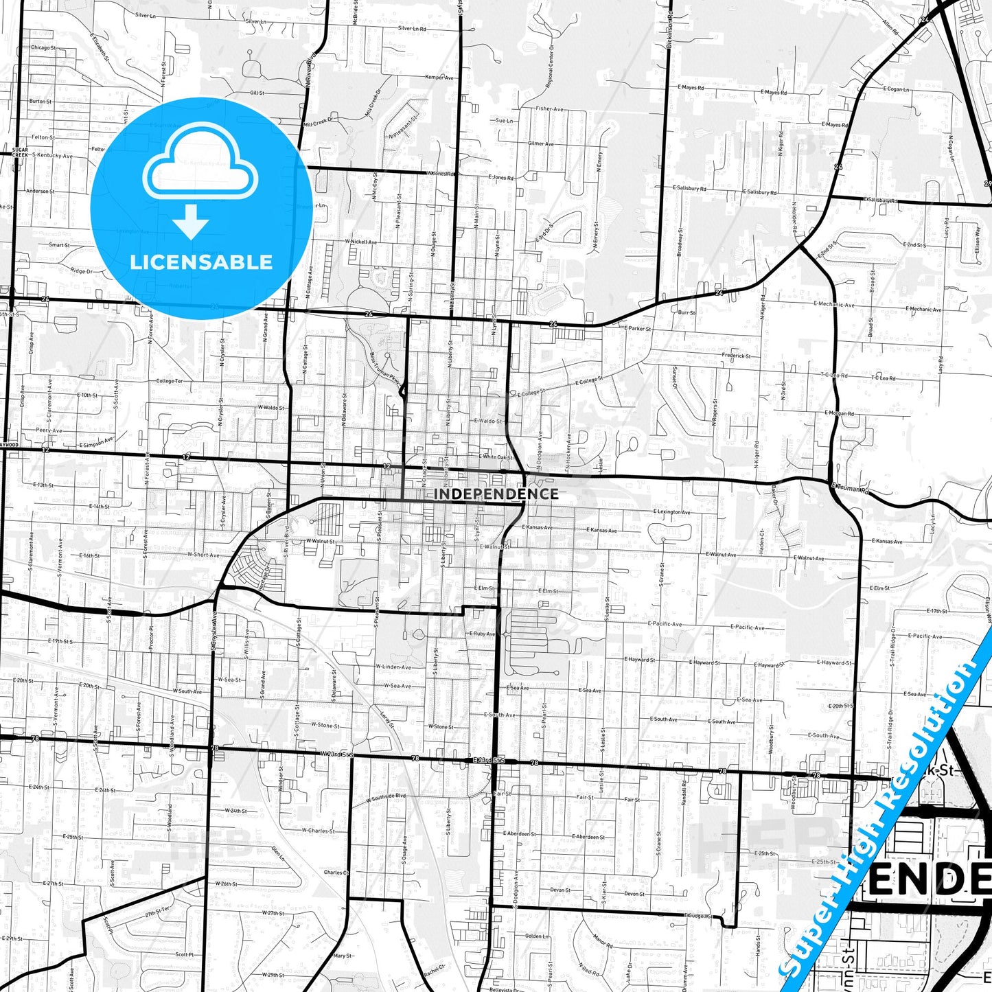 Independence, Missouri Light Map with Street Names, City Names, and Districts