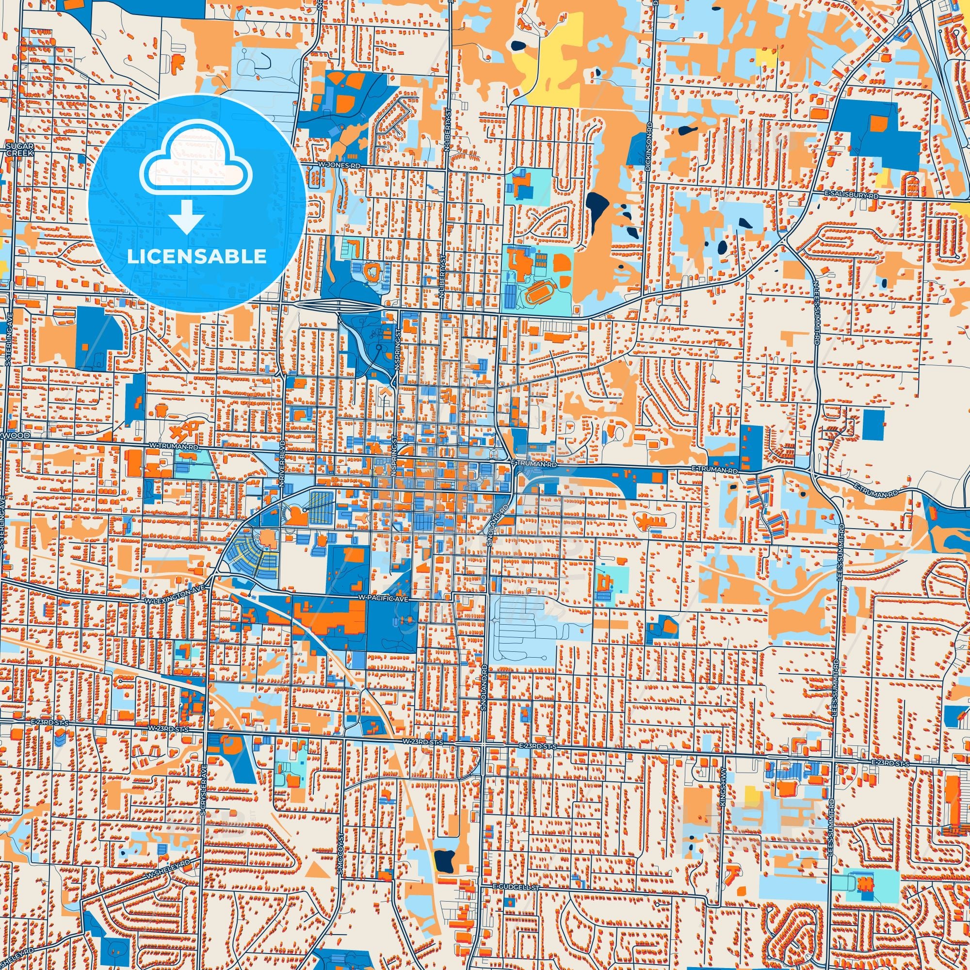 Colorful Independence Street Map With Labels And Buildings – HEBSTREITS