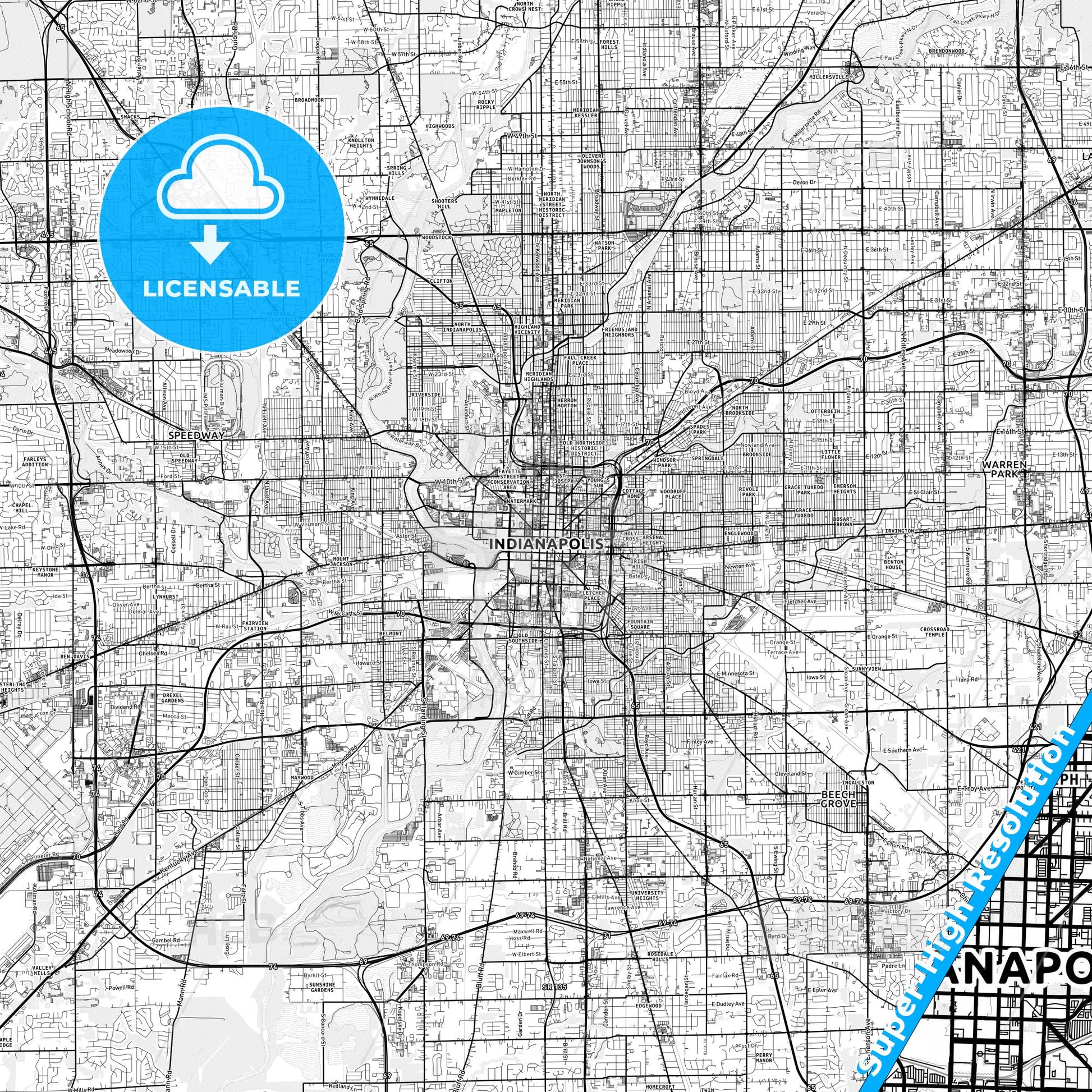 Indianapolis, Indiana light map with streetnames, citynames and districts