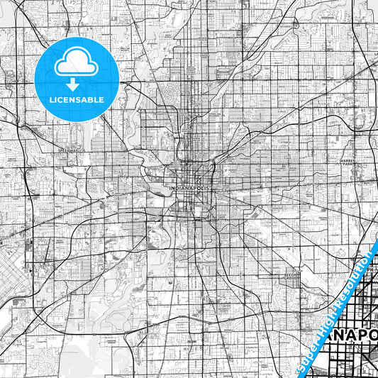 Indianapolis, Indiana light map with streetnames, citynames and districts