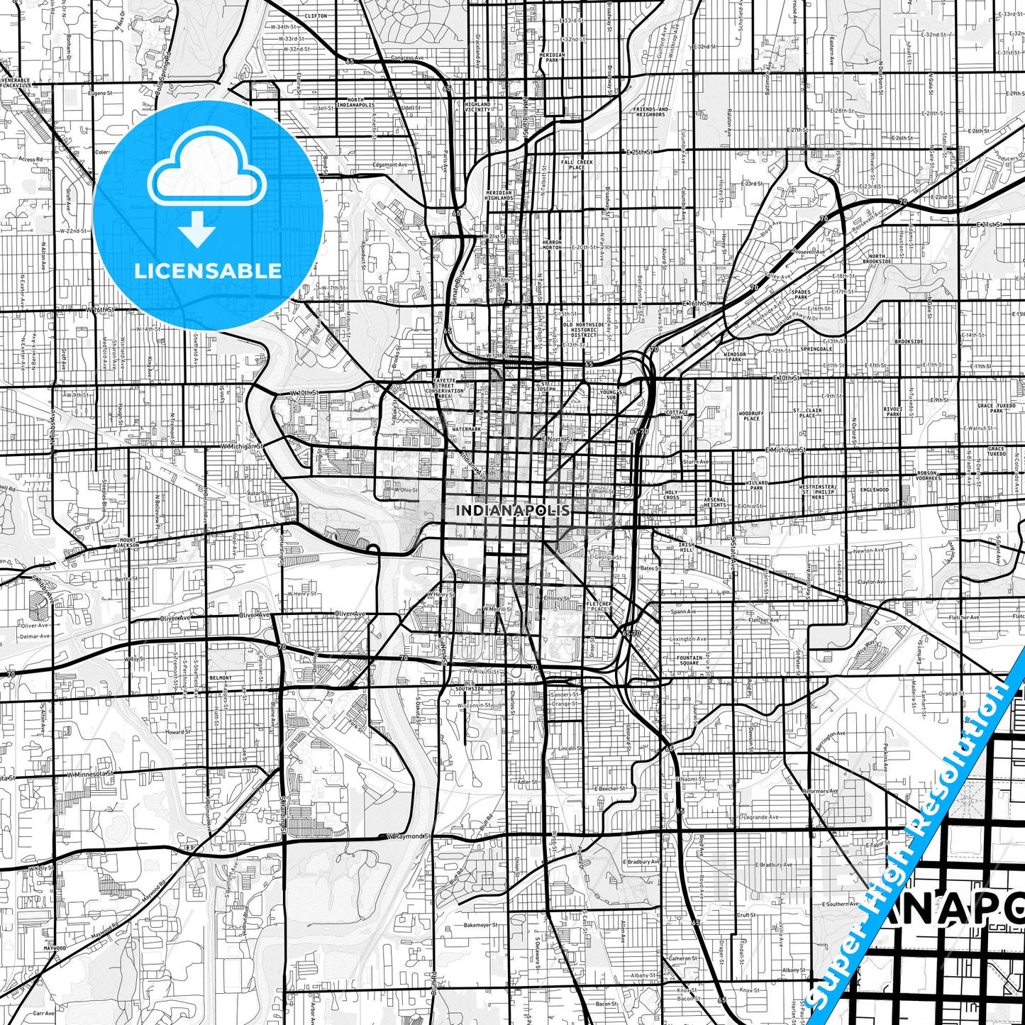 Indianapolis, Indiana Light Map with Street Names, City Names, and Districts