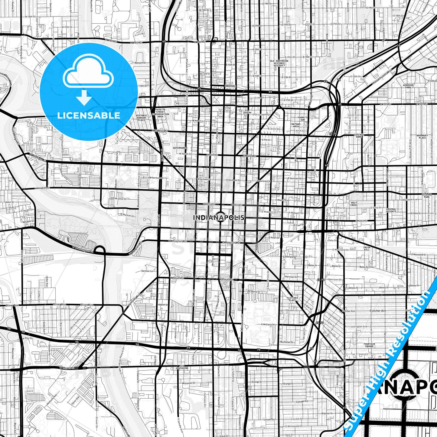 Indianapolis, Indiana Light Map with Street Names, City Names, and Districts