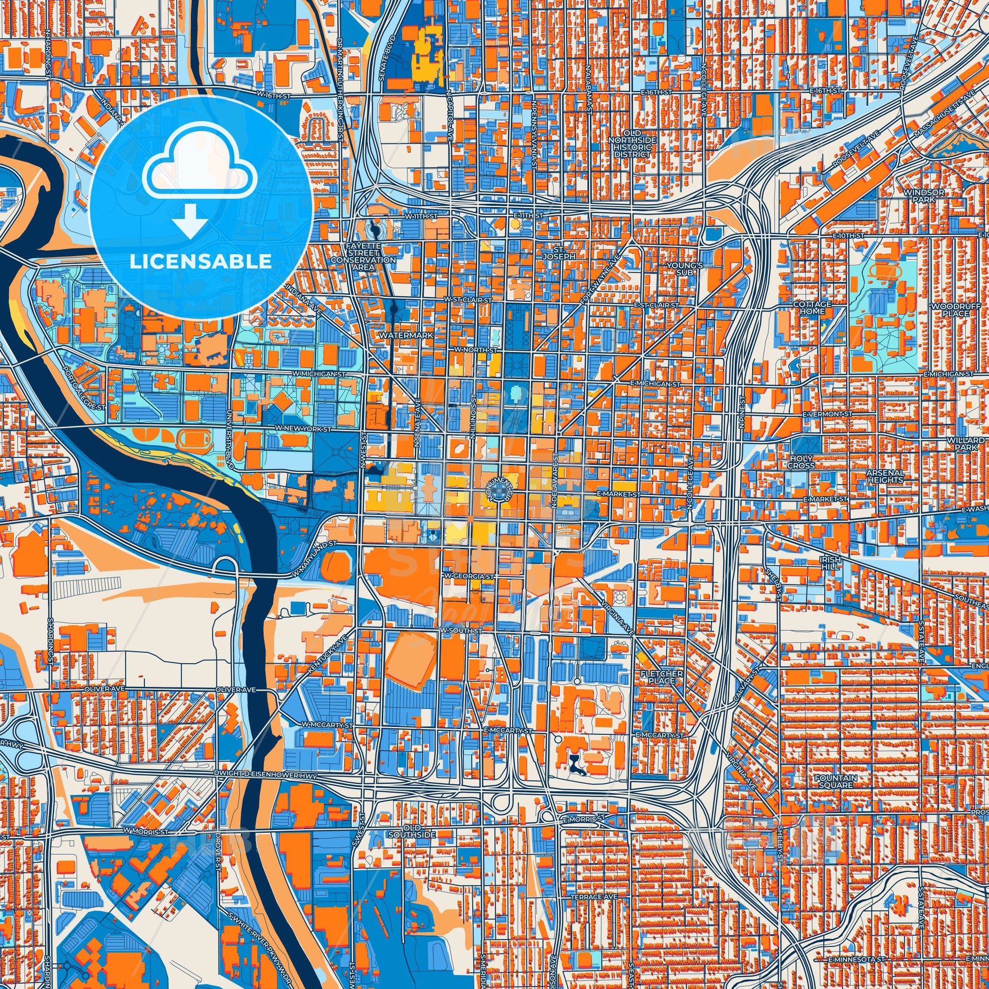 Colorful Indianapolis Street Map with Labels and Buildings