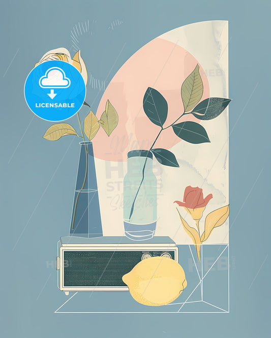 Minimal Pop Art Abstract Still Life with Lemon, Radio, Rose, and Geometric Shapes