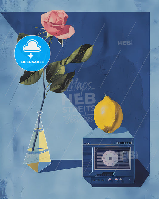 Indie risograph pop art style illustration. Vibrant painting of a lemon, rose in vase, and vintage radio on geometric shapes, blue background, defined outlines, shadowing, artistic focus.