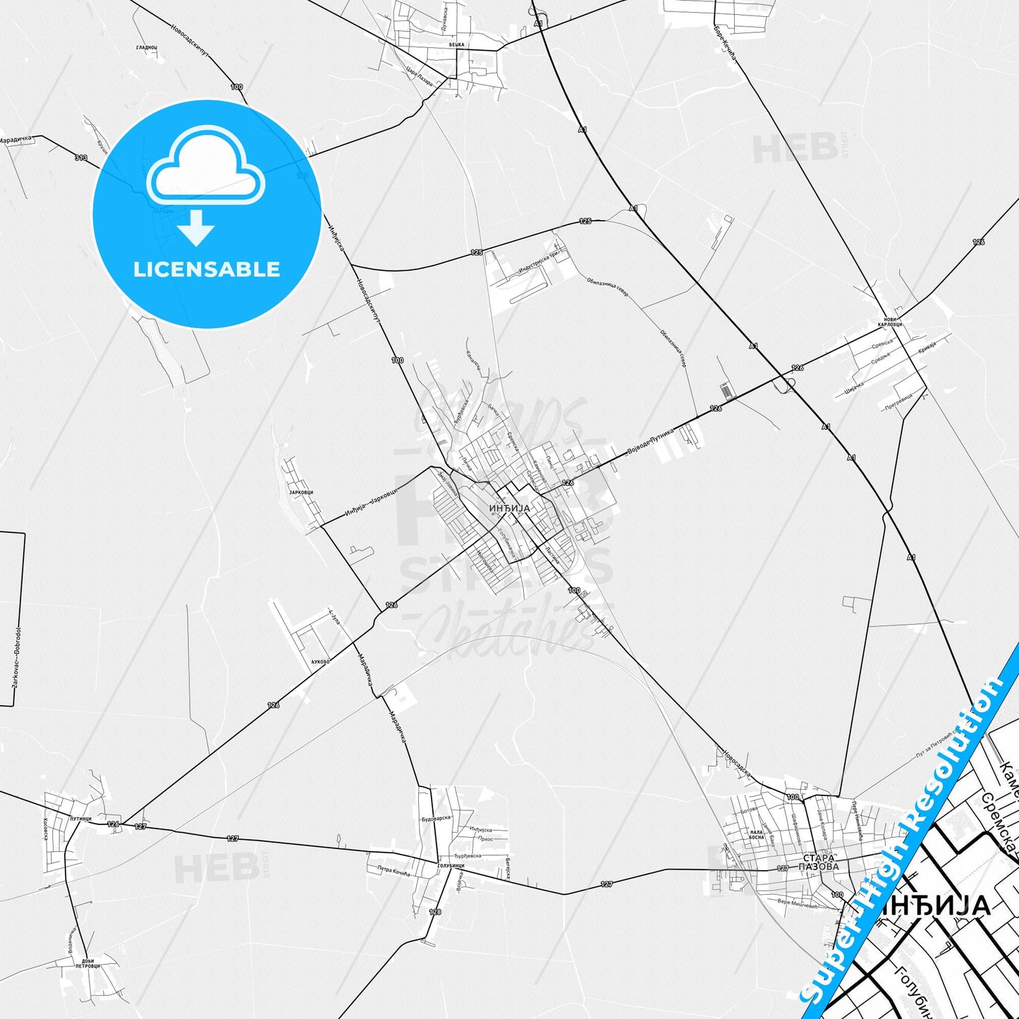 Inđija, Serbia light map with streetnames, citynames and districts