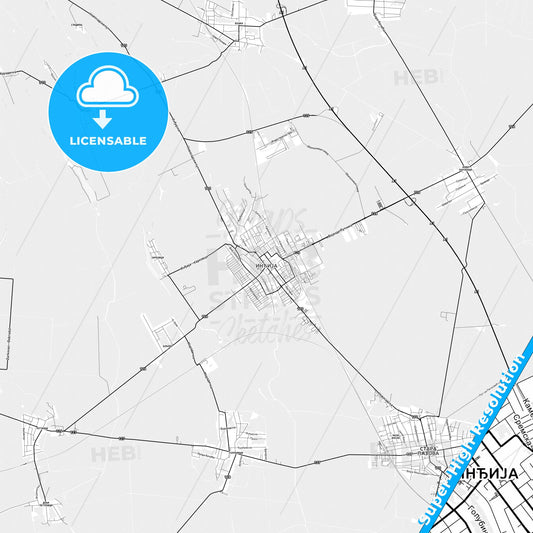 Inđija, Serbia light map with streetnames, citynames and districts