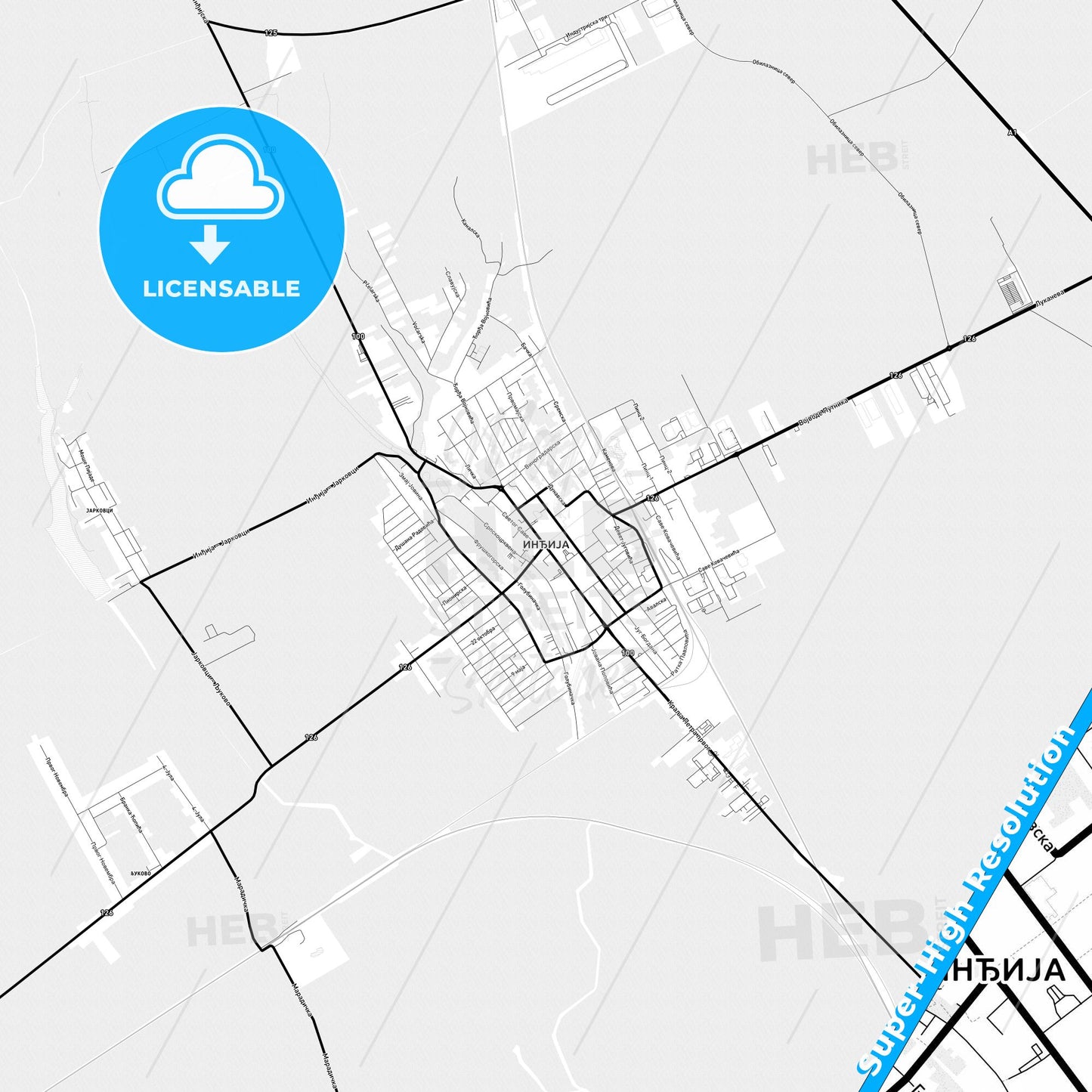 Inđija, Serbia Light Map with Street Names, City Names, and Districts
