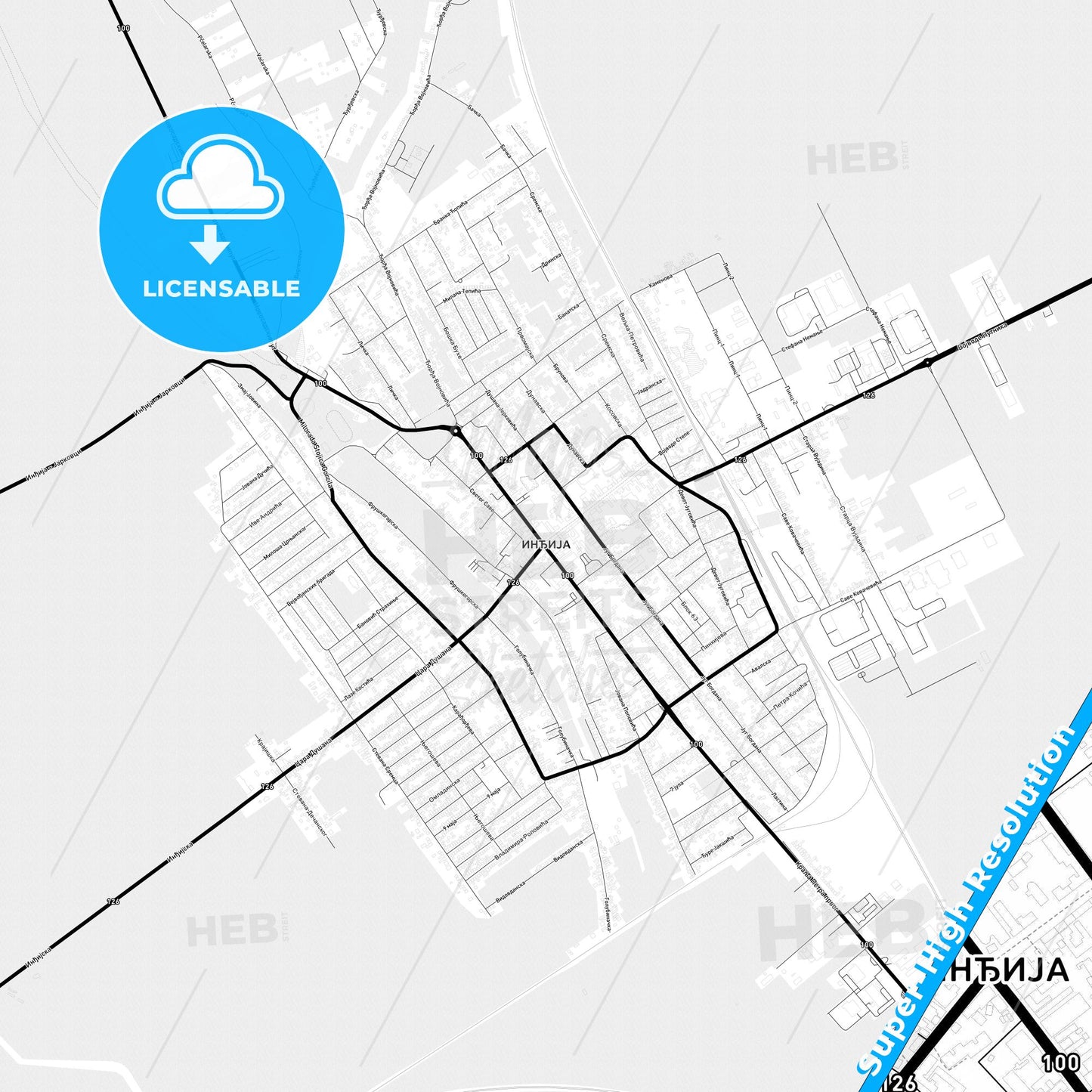 Inđija, Serbia Light Map with Street Names, City Names, and Districts