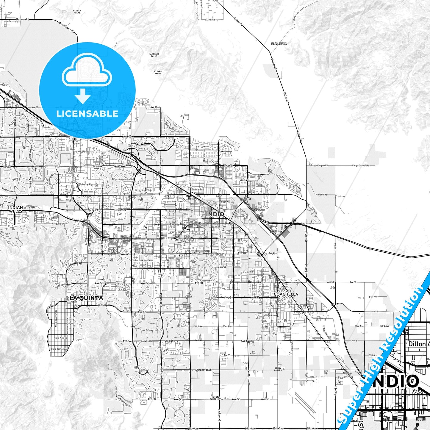 Indio, California light map with streetnames, citynames and districts