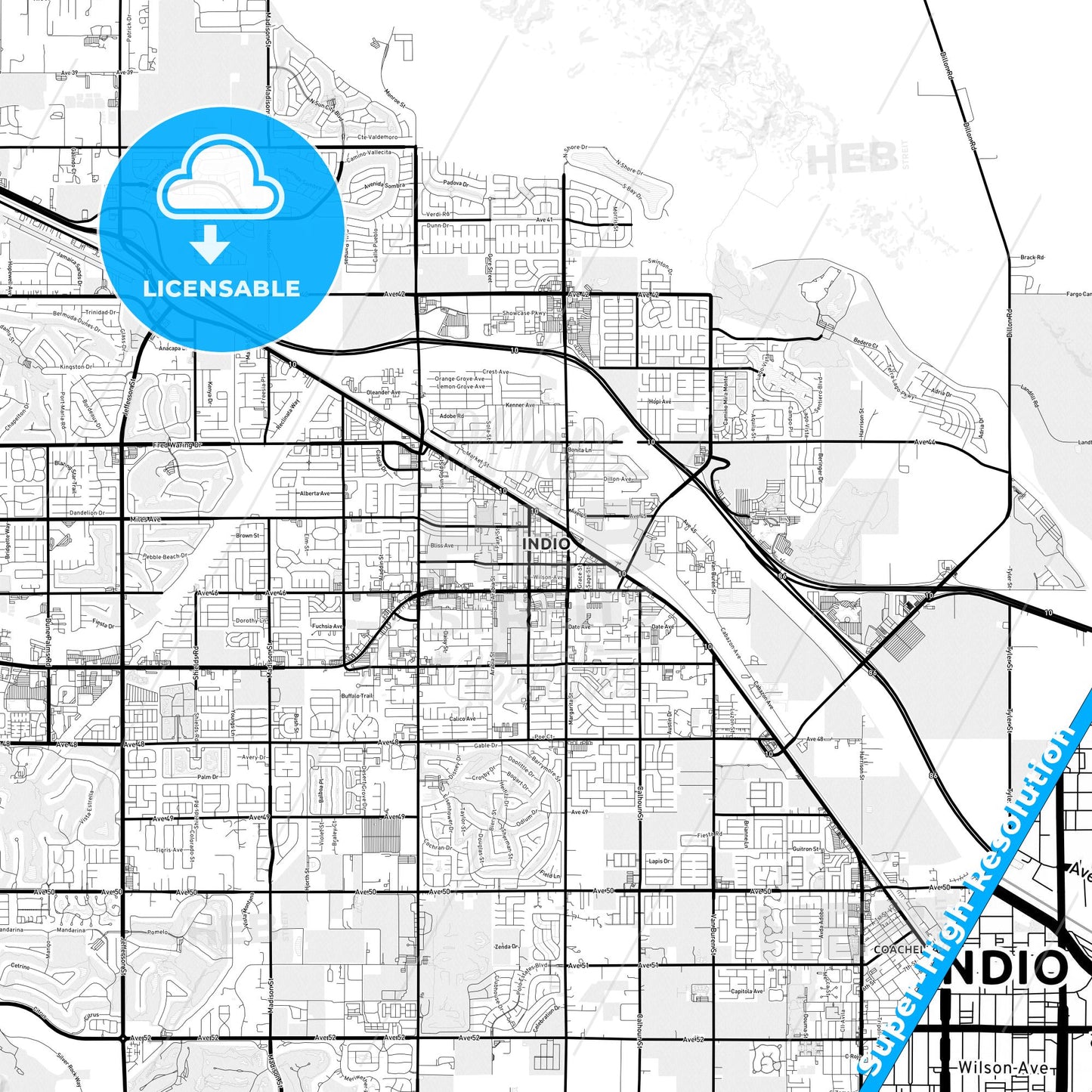 Indio, California Light Map with Street Names, City Names, and Districts