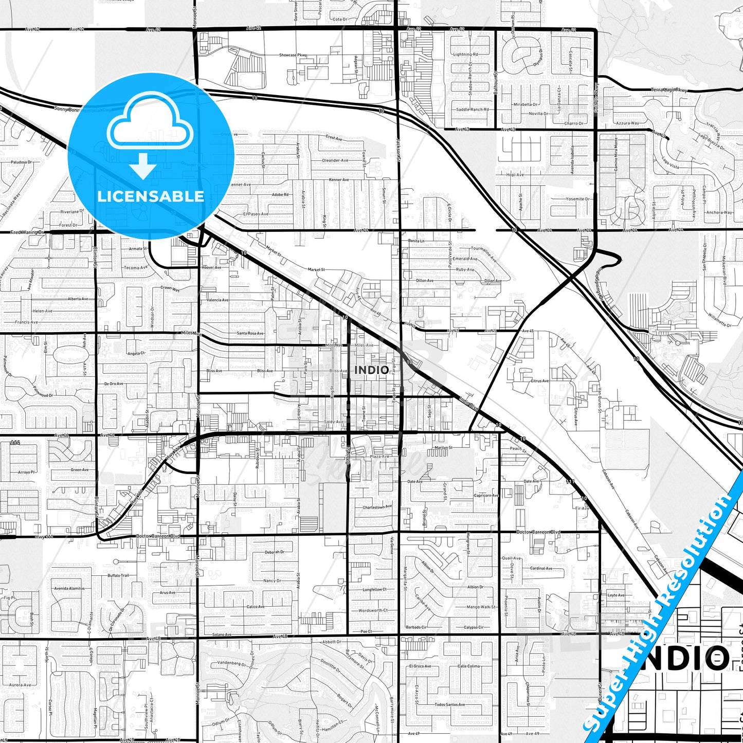 Indio, California Light Map with Street Names, City Names, and Districts
