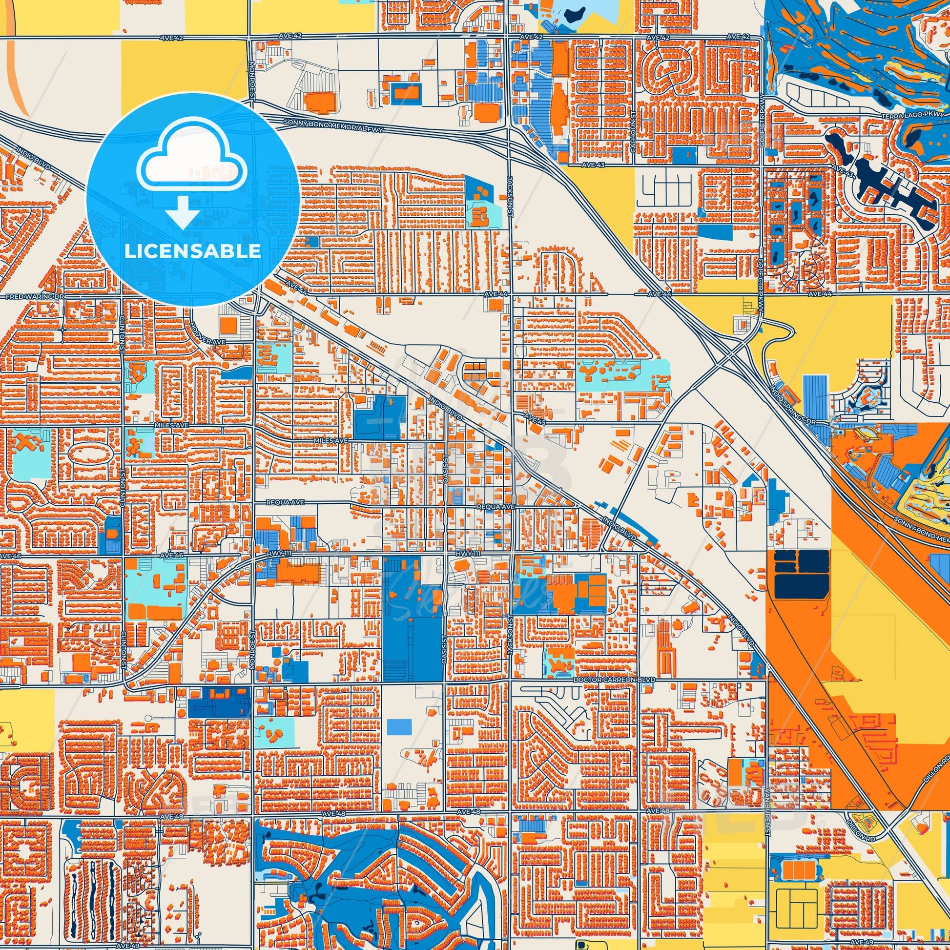 Colorful Indio Street Map with Labels and Buildings