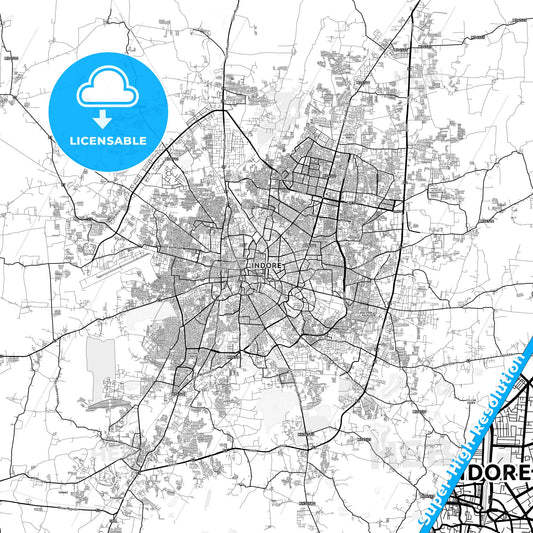 Indore, India light map with streetnames, citynames and districts