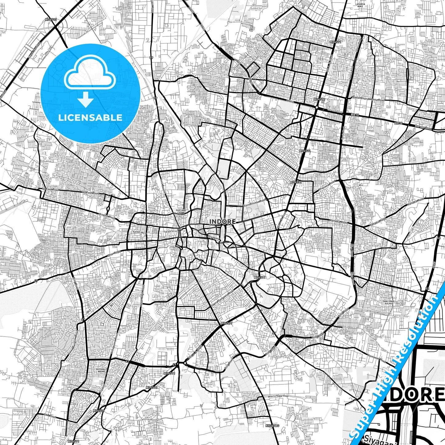 Indore, India Light Map with Street Names, City Names, and Districts