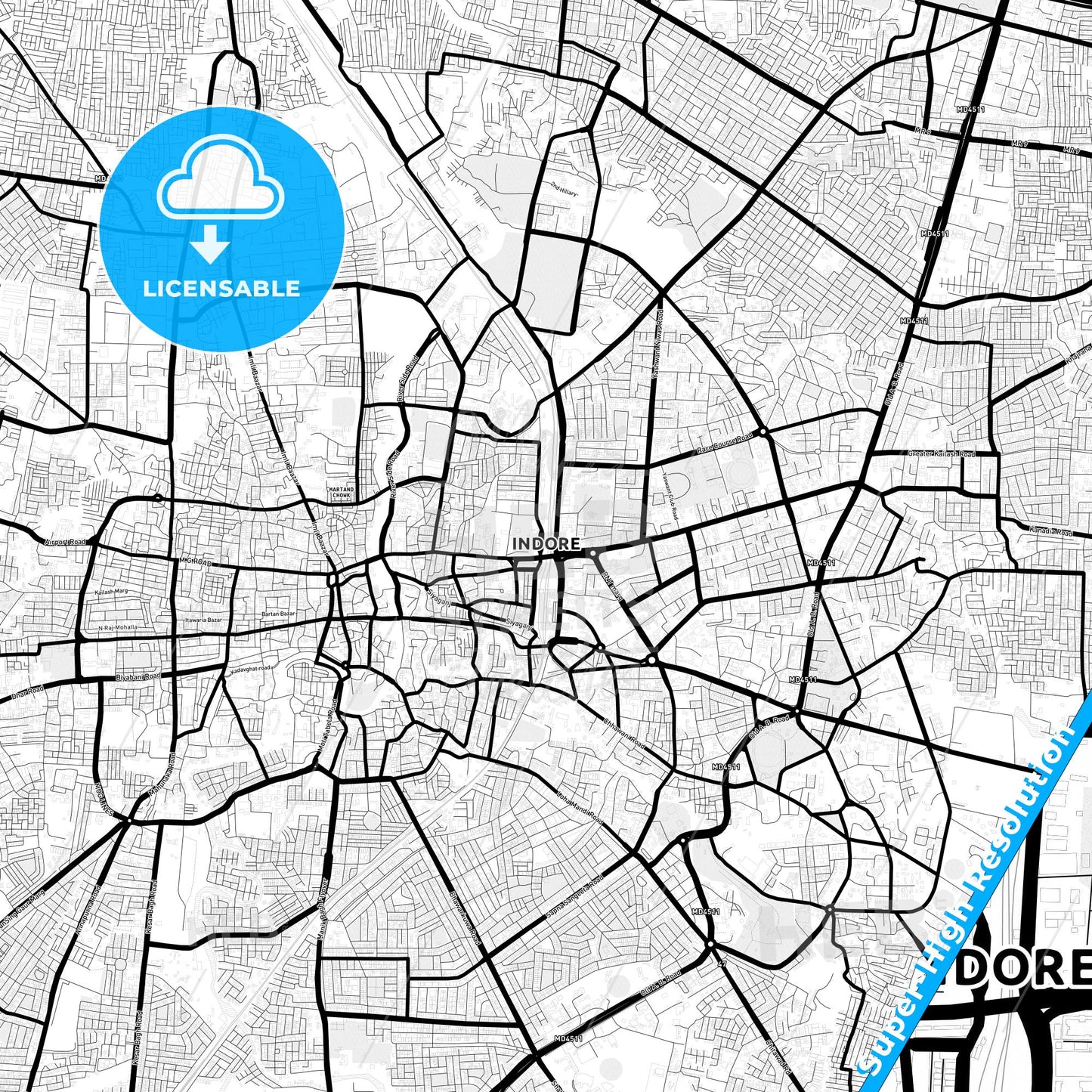 Indore, India Light Map with Street Names, City Names, and Districts