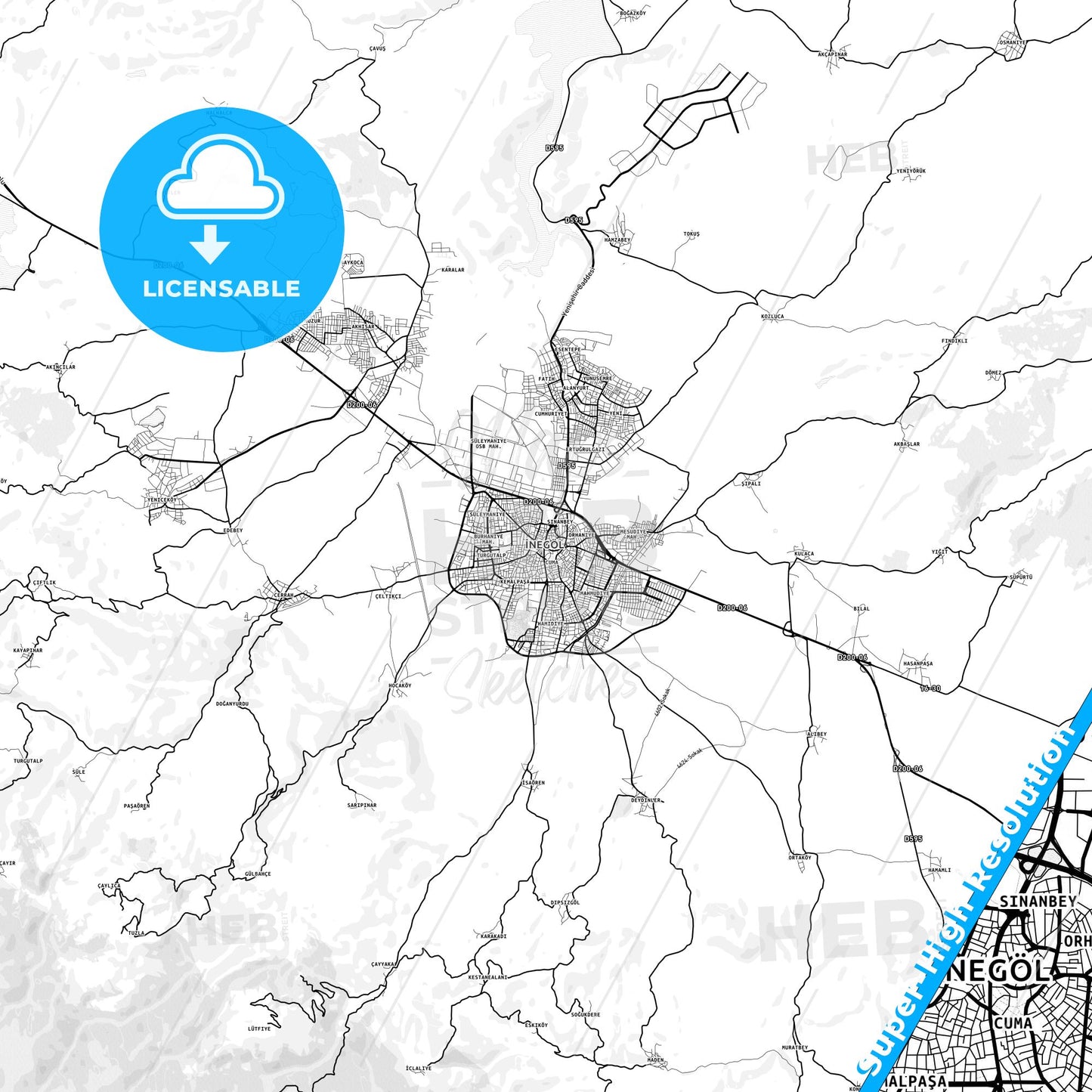İnegöl, Turkey light map with streetnames, citynames and districts