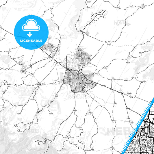 İnegöl, Turkey light map with streetnames, citynames and districts