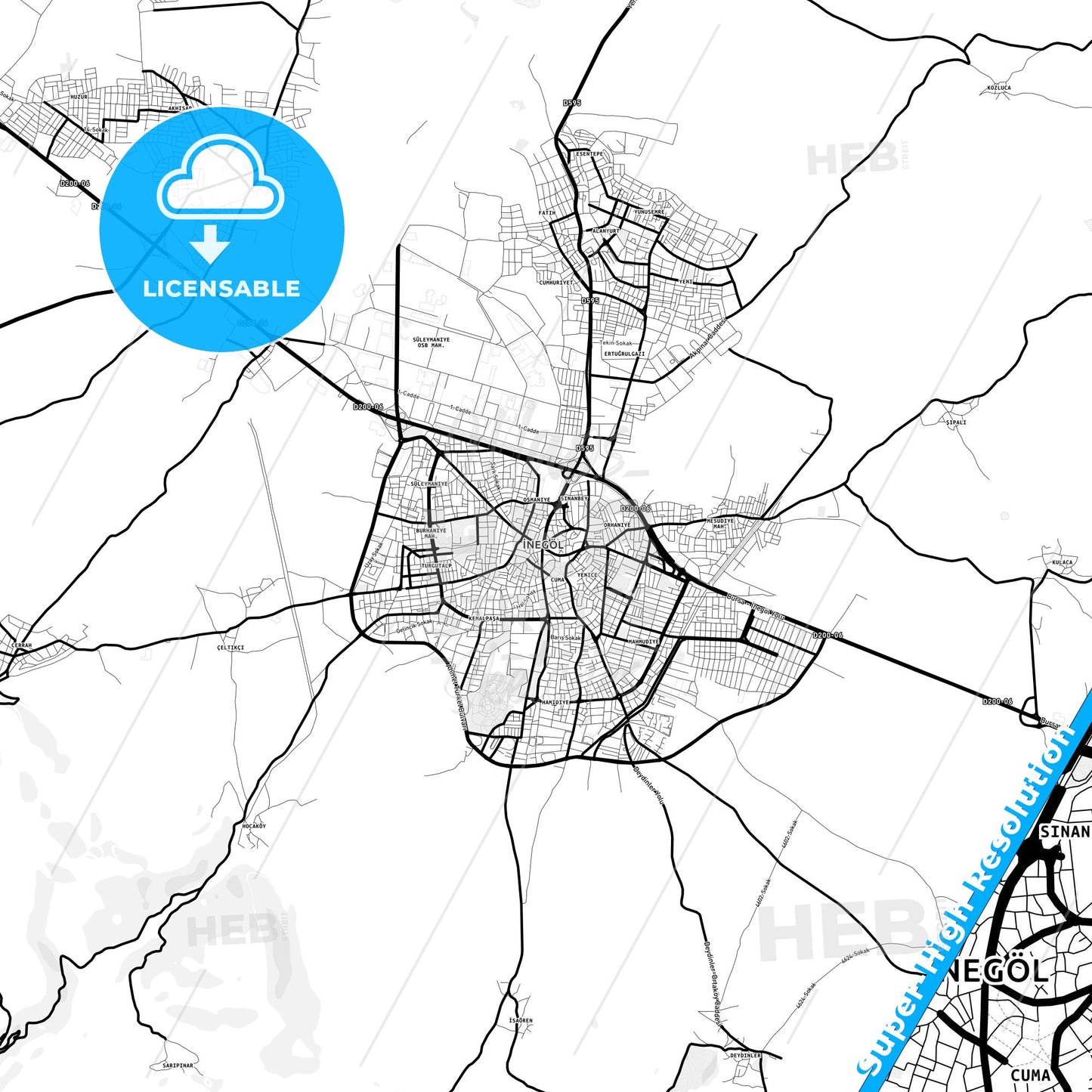 İnegöl, Turkey Light Map with Street Names, City Names, and Districts