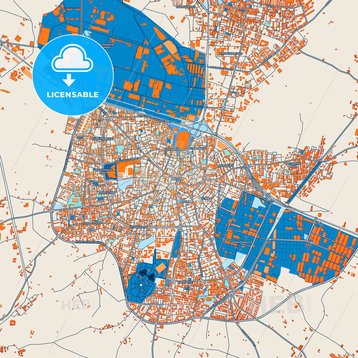 Colorful İnegöl Street Map with Labels and Buildings