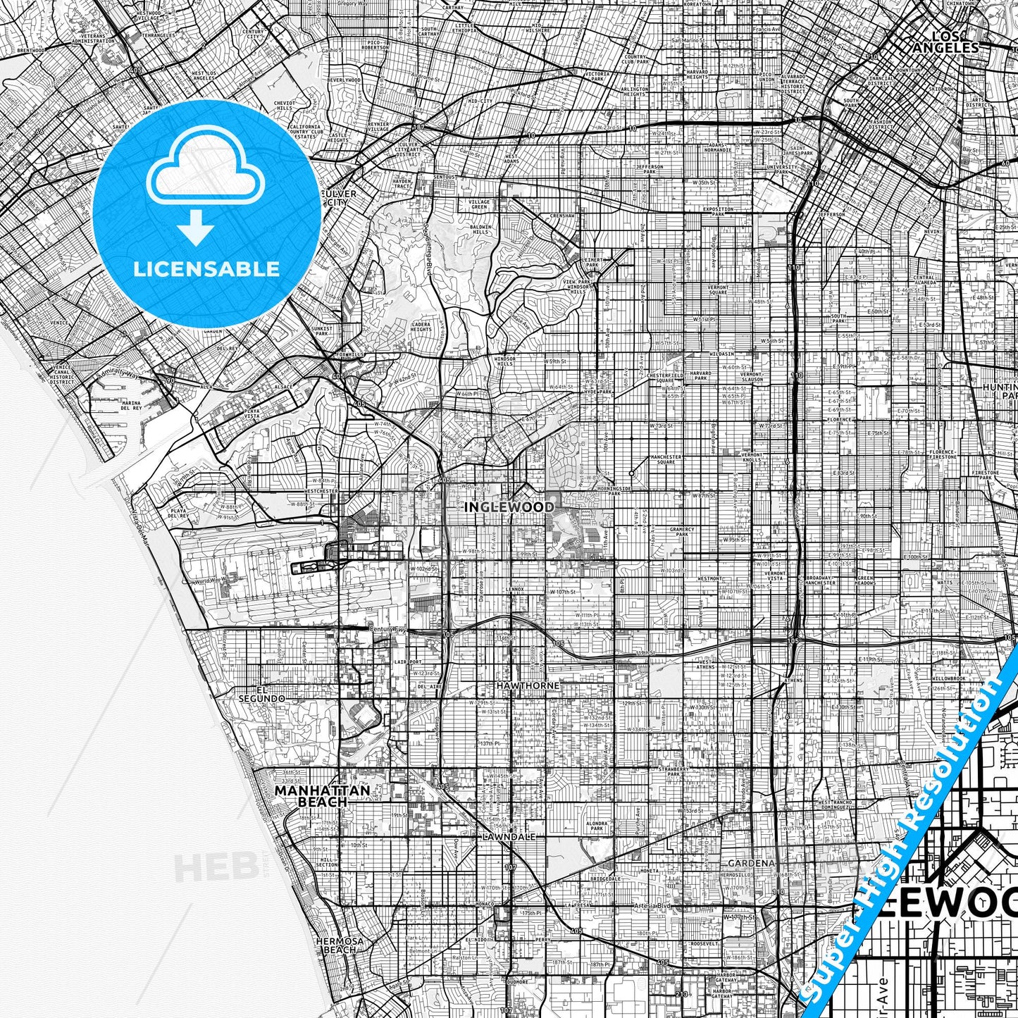 Inglewood, California light map with streetnames, citynames and districts