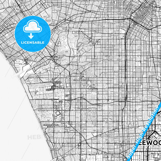 Inglewood, California light map with streetnames, citynames and districts