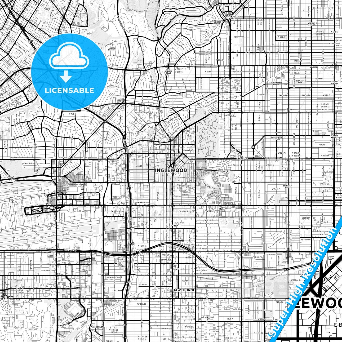 Inglewood, California Light Map with Street Names, City Names, and Districts