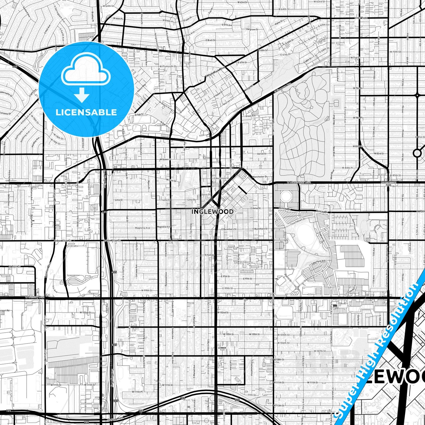 Inglewood, California Light Map with Street Names, City Names, and Districts