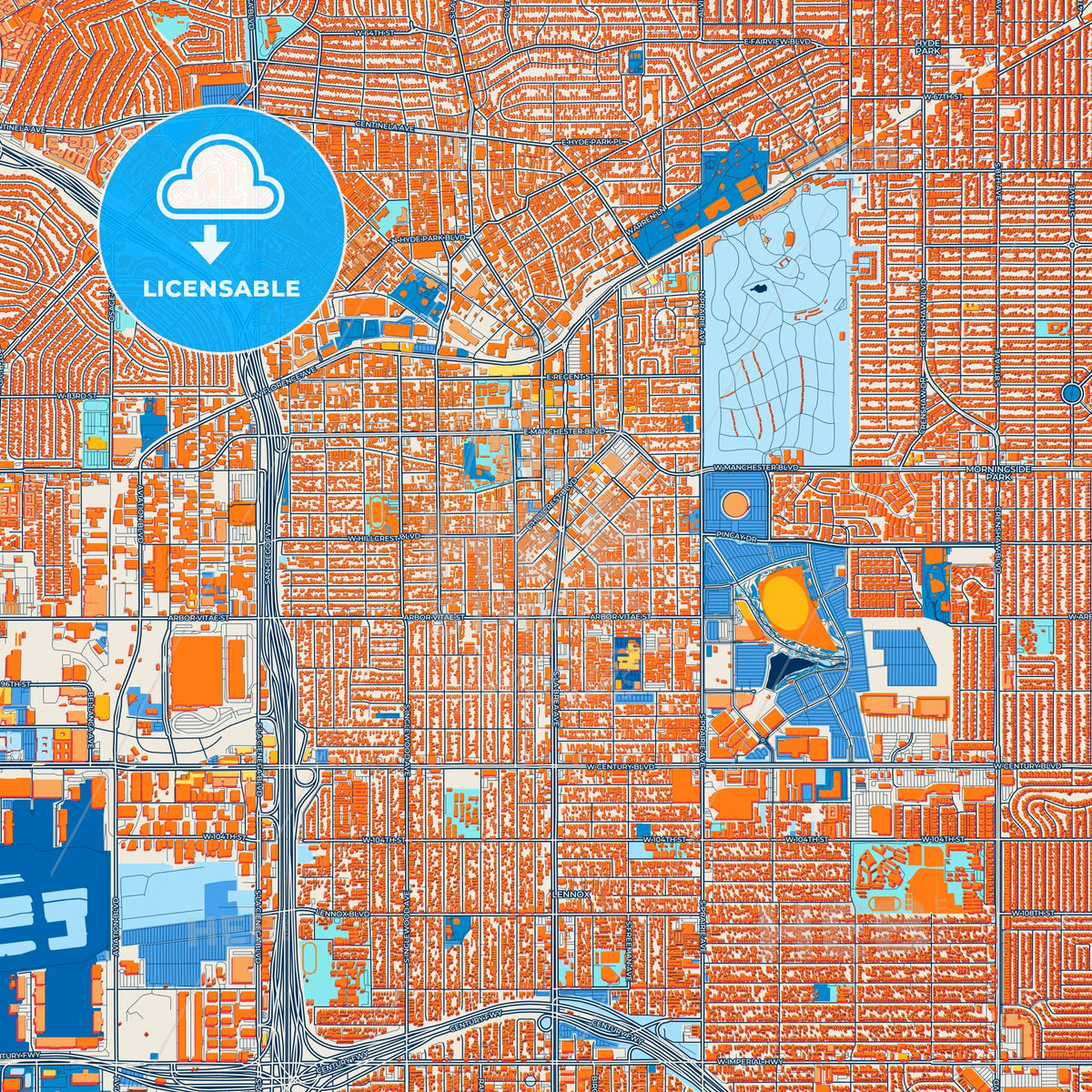 Colorful Inglewood Street Map with Labels and Buildings